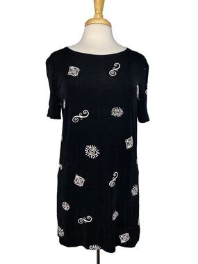 SOFTWEAR MARK SINGER Travel Black White Print Acetate Tunic Medium Made in USA